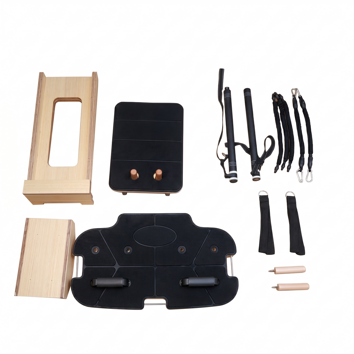 The Woodn in parts: frame, platform and resistance bands. Stored away, it takes up little space.