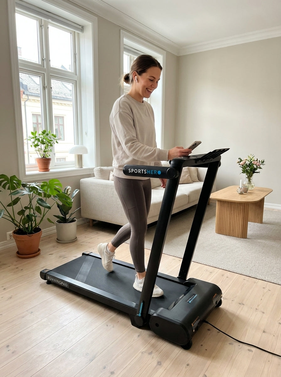 Vrouw wandelt lachend op de RunningPad met haar telefoon in de hand